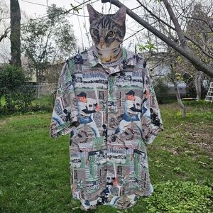 Vintage Silk Club Baseball Newspaper  Graphic Print Men's Aloha Hawaiin Shirt